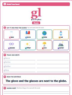 First page of Phonics: gl, Pre-A1 phonics sheet