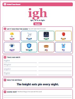 First page of Phonics: igh, Pre-A1 phonics sheet