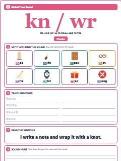 First page of Phonics: kn / wr, Pre-A1 phonics sheet