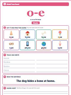 First page of Phonics: o-e, Pre-A1 phonics sheet