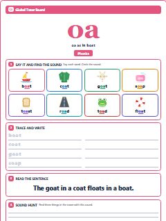 First page of Phonics: oa, Pre-A1 phonics sheet