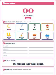 First page of Phonics: oo, Pre-A1 phonics sheet