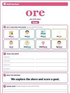 First page of Phonics: ore, Pre-A1 phonics sheet