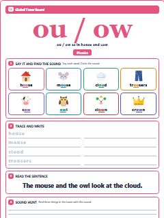 First page of Phonics: ou / ow, Pre-A1 phonics sheet