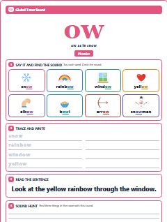 First page of Phonics: ow, Pre-A1 phonics sheet