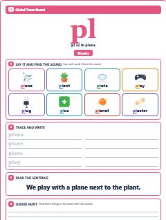 First page of Phonics: pl, Pre-A1 phonics sheet