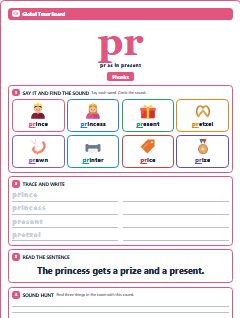 First page of Phonics: pr, Pre-A1 phonics sheet
