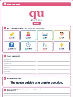 First page of Phonics: qu, Pre-A1 phonics sheet