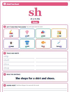 First page of Phonics: sh, Pre-A1 phonics sheet