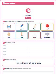 First page of Phonics: e, Pre-A1 phonics sheet