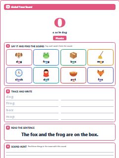 First page of Phonics: o, Pre-A1 phonics sheet
