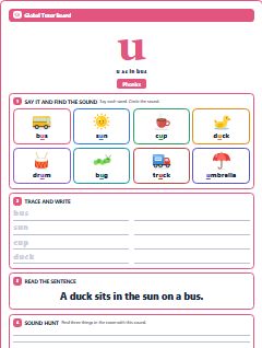 First page of Phonics: u, Pre-A1 phonics sheet