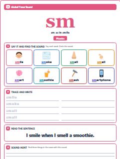 First page of Phonics: sm, Pre-A1 phonics sheet