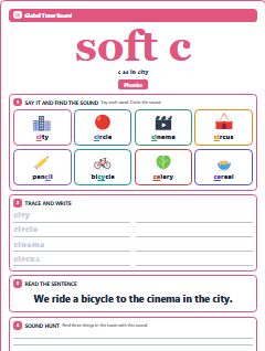 First page of Phonics: soft c, Pre-A1 phonics sheet