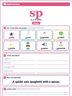 First page of Phonics: sp, Pre-A1 phonics sheet