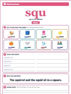 First page of Phonics: squ, Pre-A1 phonics sheet