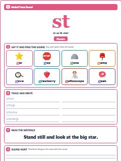 First page of Phonics: st, Pre-A1 phonics sheet