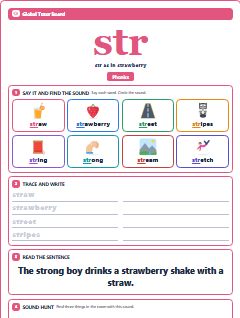 First page of Phonics: str, Pre-A1 phonics sheet