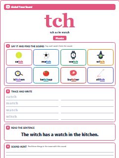 First page of Phonics: tch, Pre-A1 phonics sheet