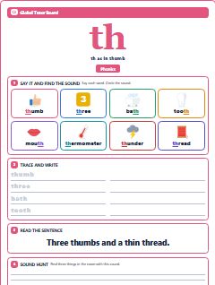 First page of Phonics: th, Pre-A1 phonics sheet