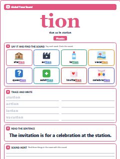 First page of Phonics: tion, Pre-A1 phonics sheet