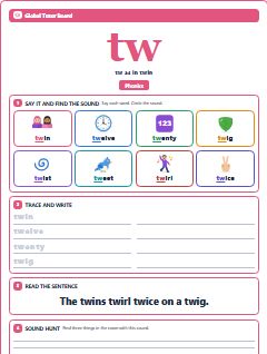 First page of Phonics: tw, Pre-A1 phonics sheet