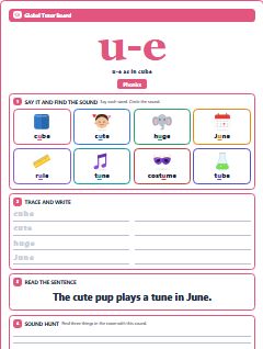 First page of Phonics: u-e, Pre-A1 phonics sheet