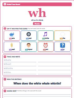 First page of Phonics: wh, Pre-A1 phonics sheet