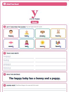 First page of Phonics: y, Pre-A1 phonics sheet