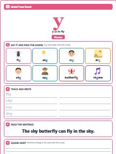 First page of Phonics: y, Pre-A1 phonics sheet