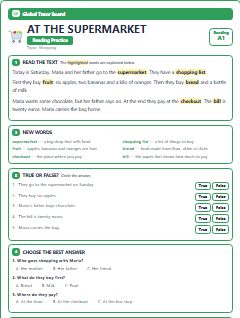 First page of At the Supermarket, A1 reading text