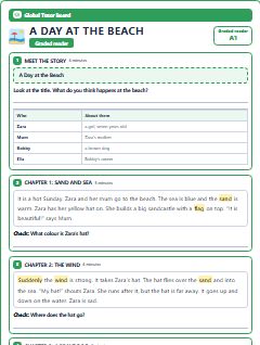 First page of Graded Reader: A Day at the Beach, A1 reading text
