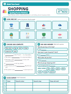 First page of Shopping, A1 worksheet