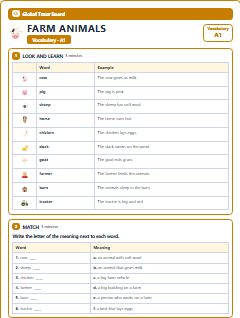 First page of Farm Animals: A1 Vocabulary, A1 vocabulary list