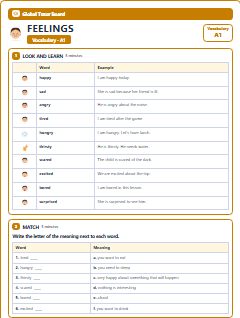First page of Feelings: A1 Vocabulary, A1 vocabulary list