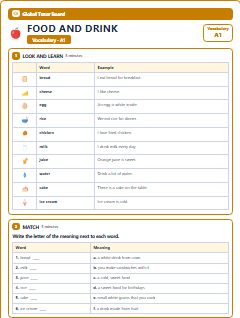 First page of Food and Drink: A1 Vocabulary, A1 vocabulary list