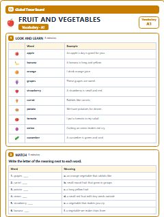 First page of Fruit and Vegetables: A1 Vocabulary, A1 vocabulary list