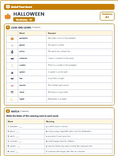 First page of Halloween: A1 Vocabulary, A1 vocabulary list