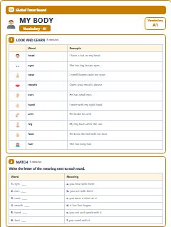 First page of My Body: A1 Vocabulary, A1 vocabulary list