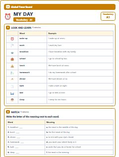 First page of My Day: A1 Vocabulary, A1 vocabulary list