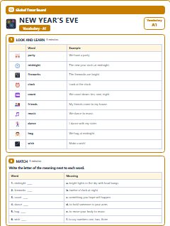 First page of New Year’s Eve: A1 Vocabulary, A1 vocabulary list