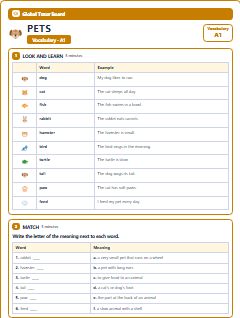 First page of Pets: A1 Vocabulary, A1 vocabulary list