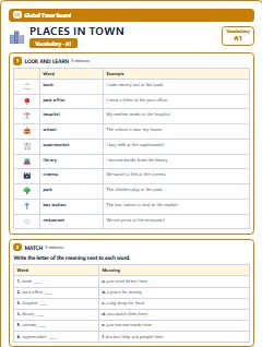 First page of Places in Town: A1 Vocabulary, A1 vocabulary list