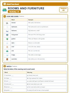 First page of Rooms and Furniture: A1 Vocabulary, A1 vocabulary list
