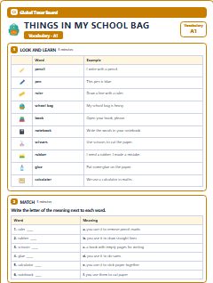 First page of Things in My School Bag: A1 Vocabulary, A1 vocabulary list