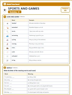 First page of Sports and Games: A1 Vocabulary, A1 vocabulary list