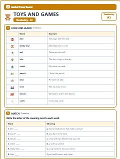 First page of Toys and Games: A1 Vocabulary, A1 vocabulary list