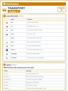 First page of Transport: A1 Vocabulary, A1 vocabulary list
