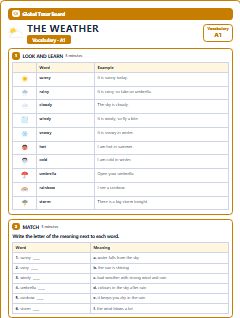 First page of The Weather: A1 Vocabulary, A1 vocabulary list