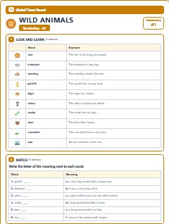 First page of Wild Animals: A1 Vocabulary, A1 vocabulary list